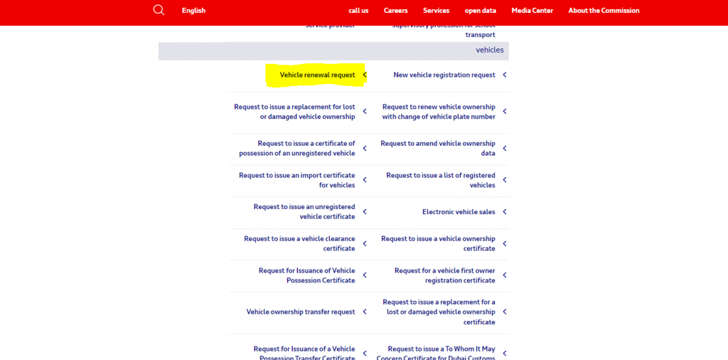 3.Go to the “vehicle” section to see the renewal fee related to your vehicle registration renewal, and click on the “vehicle renewal request”.