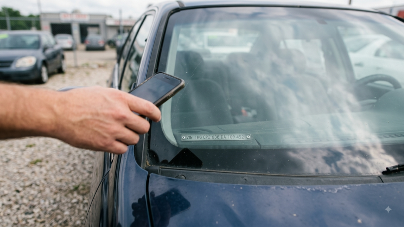 A man taking a picture of VIN from a car's dashboard.