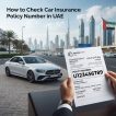 Insurance paper in front of a car and uae background.