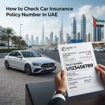 Insurance paper in front of a car and uae background.