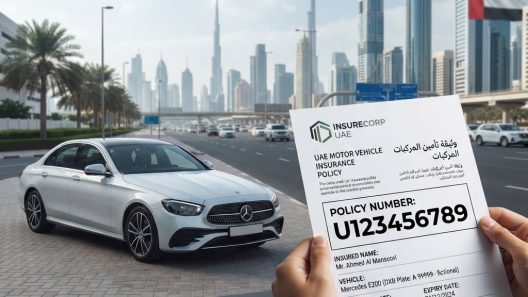 Insurance paper in front of a car and uae background.