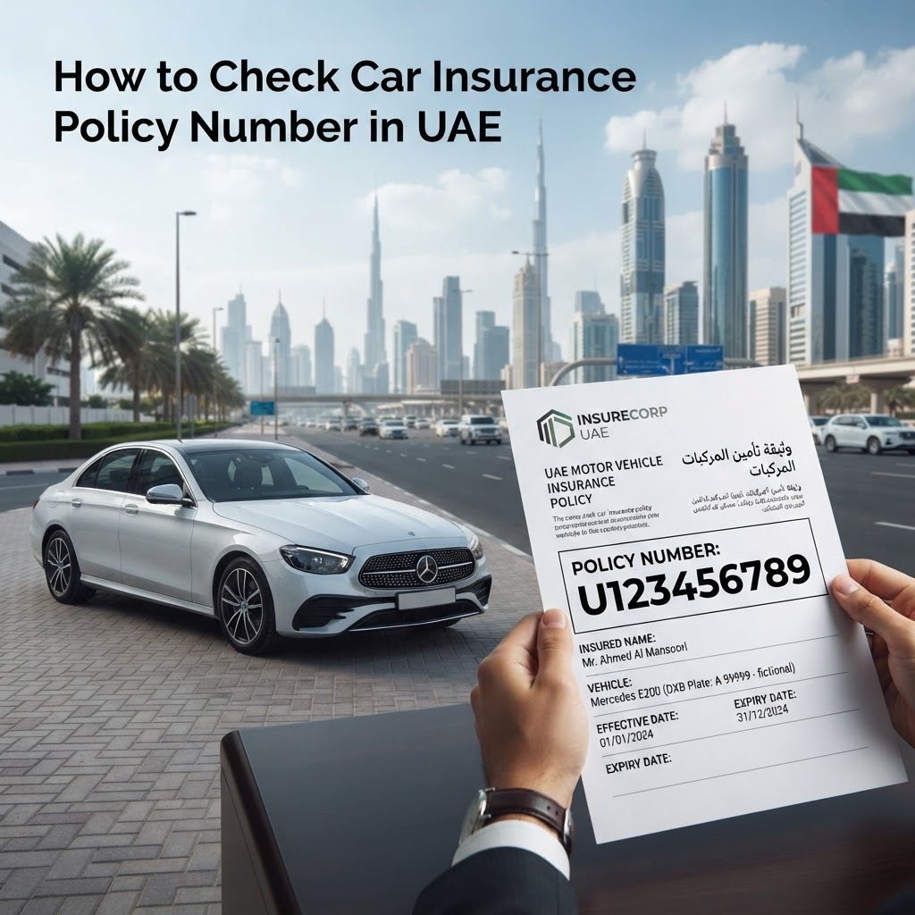 Insurance paper in front of a car and uae background.